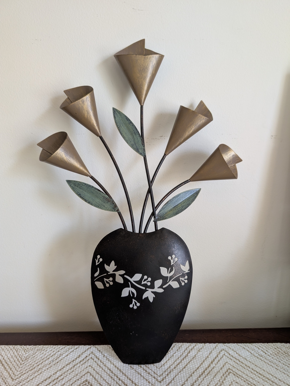 Metal Floral Vase Wall Accent in Antique Brown and Bronze